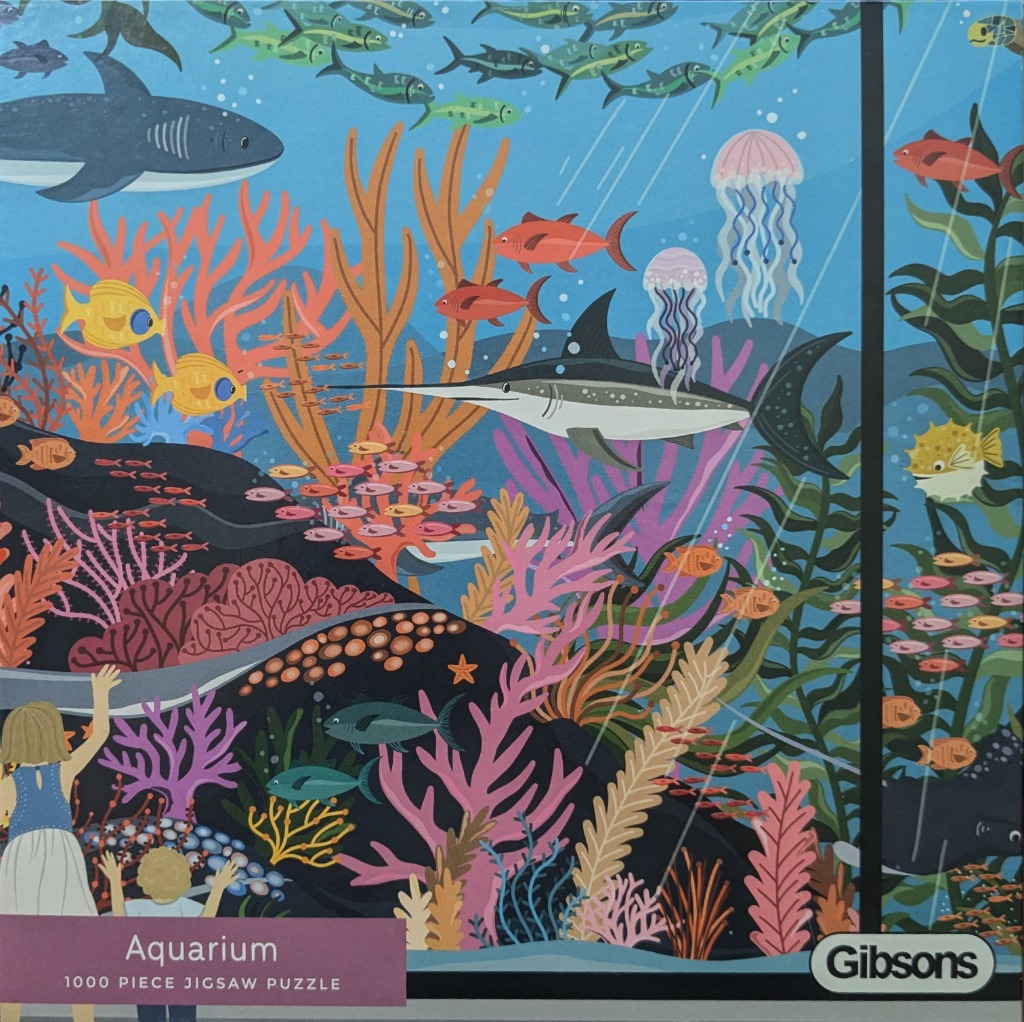 Illustration of a vibrant aquarium scene with diverse sea life, corals, and two children observing through the glass.