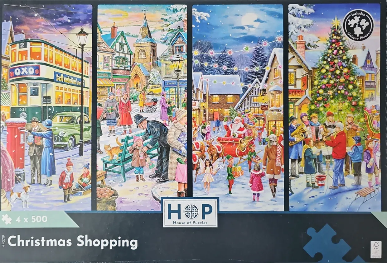 Four-panel illustration of a snowy British Christmas scene featuring a tram, holiday shoppers, Santa, and carolers.