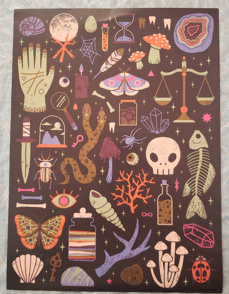 A pattern of mystical, occult, and natural history icons on a dark background.