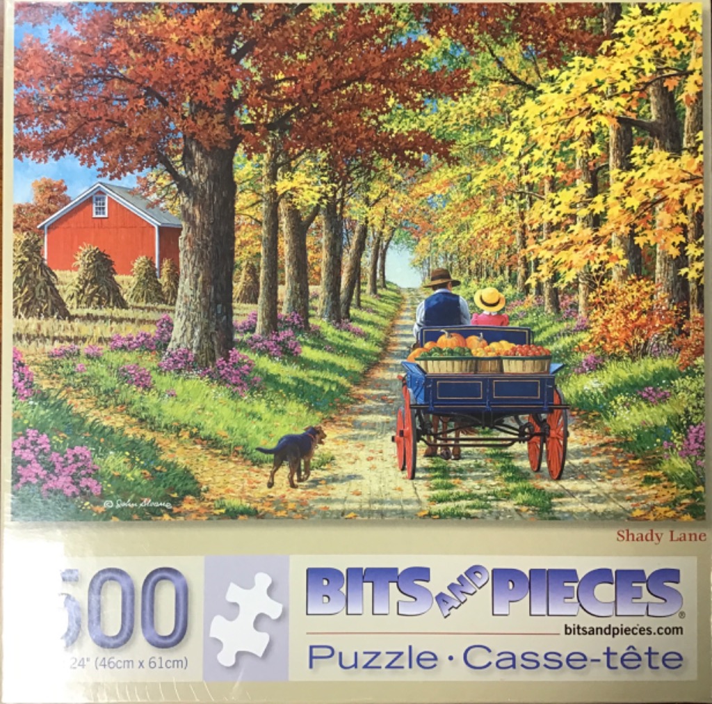 A nostalgic painting of a couple driving a horse-drawn cart filled with pumpkins down a sunlit, autumn-themed country lane.