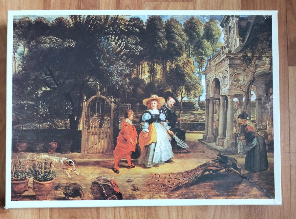 A classic oil painting depicting a 17th-century aristocratic couple walking in a garden with birds and attendants.