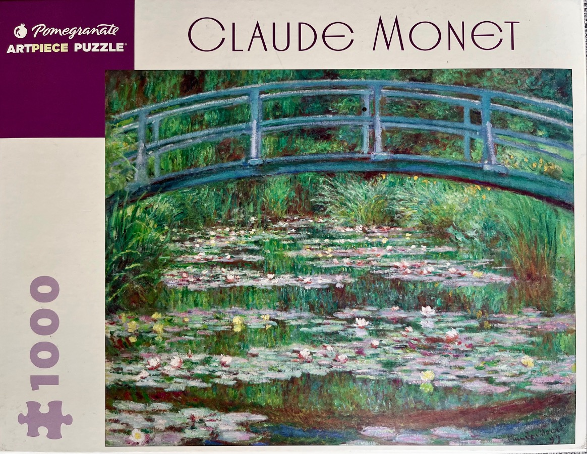 Oil painting of a blue wooden footbridge arching over a water lily pond with lush green vegetation.