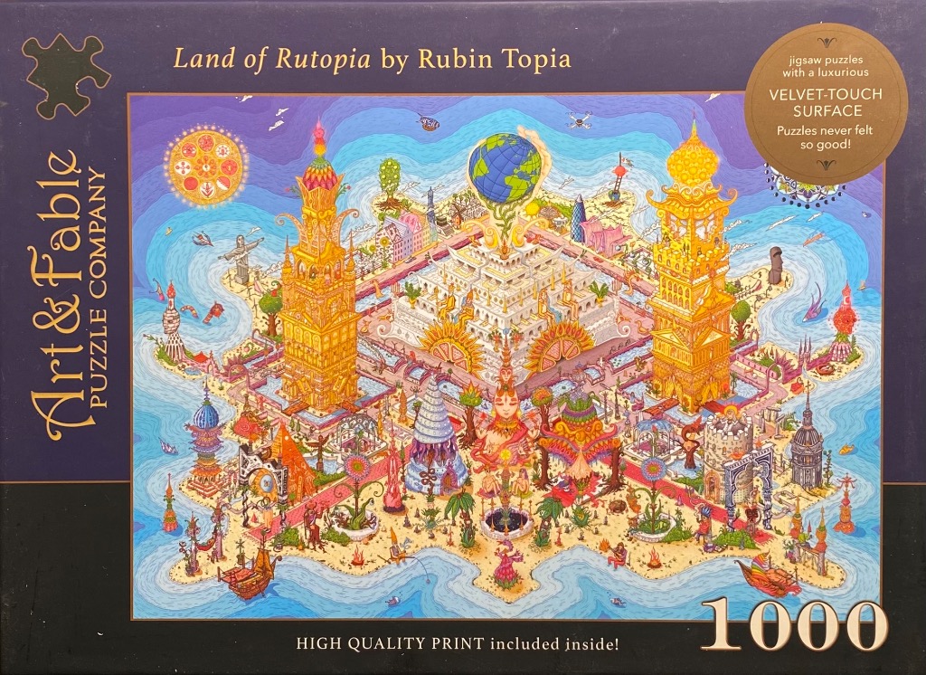 Detailed, colorful illustration of an isometric fantasy island city with towers, a pyramid, and floating elements.