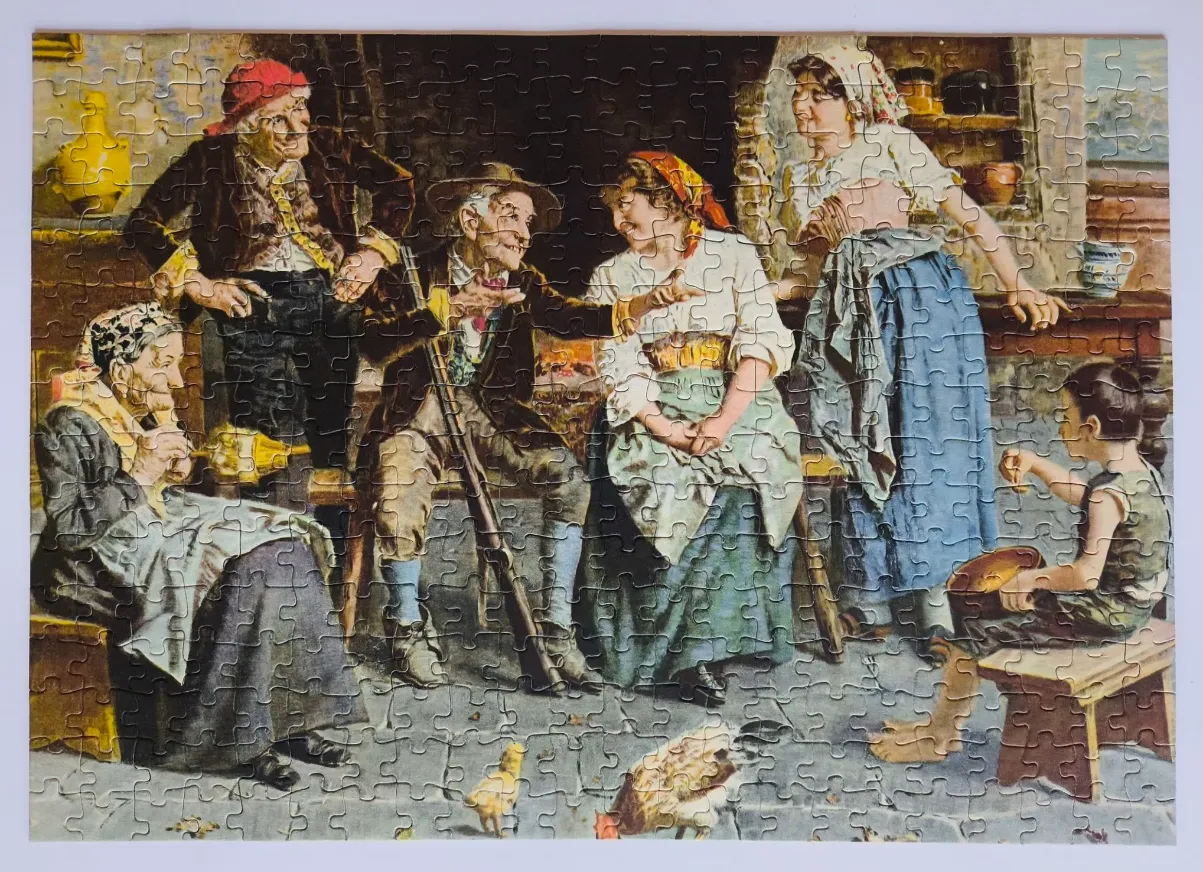 An oil painting style scene of a rustic family gathering in a kitchen with chickens in the foreground.