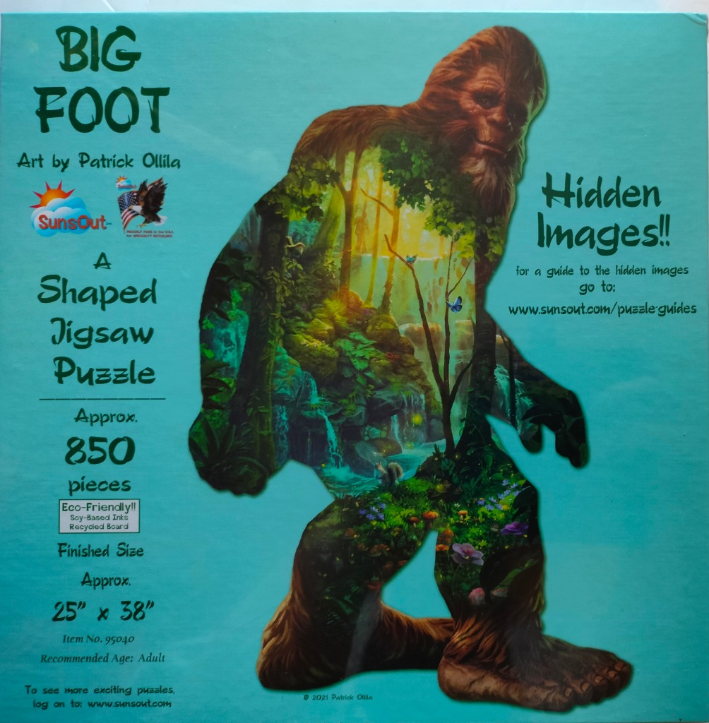 A double exposure illustration of Bigfoot, with a lush forest scene inside his silhouette against a turquoise background.