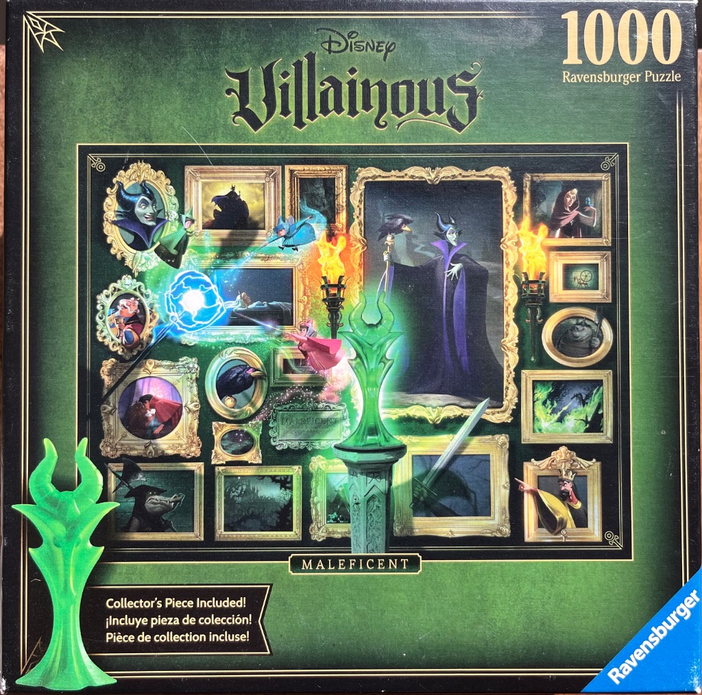A digital illustration of Maleficent surrounded by framed scenes from Sleeping Beauty, featuring a glowing green scepter.