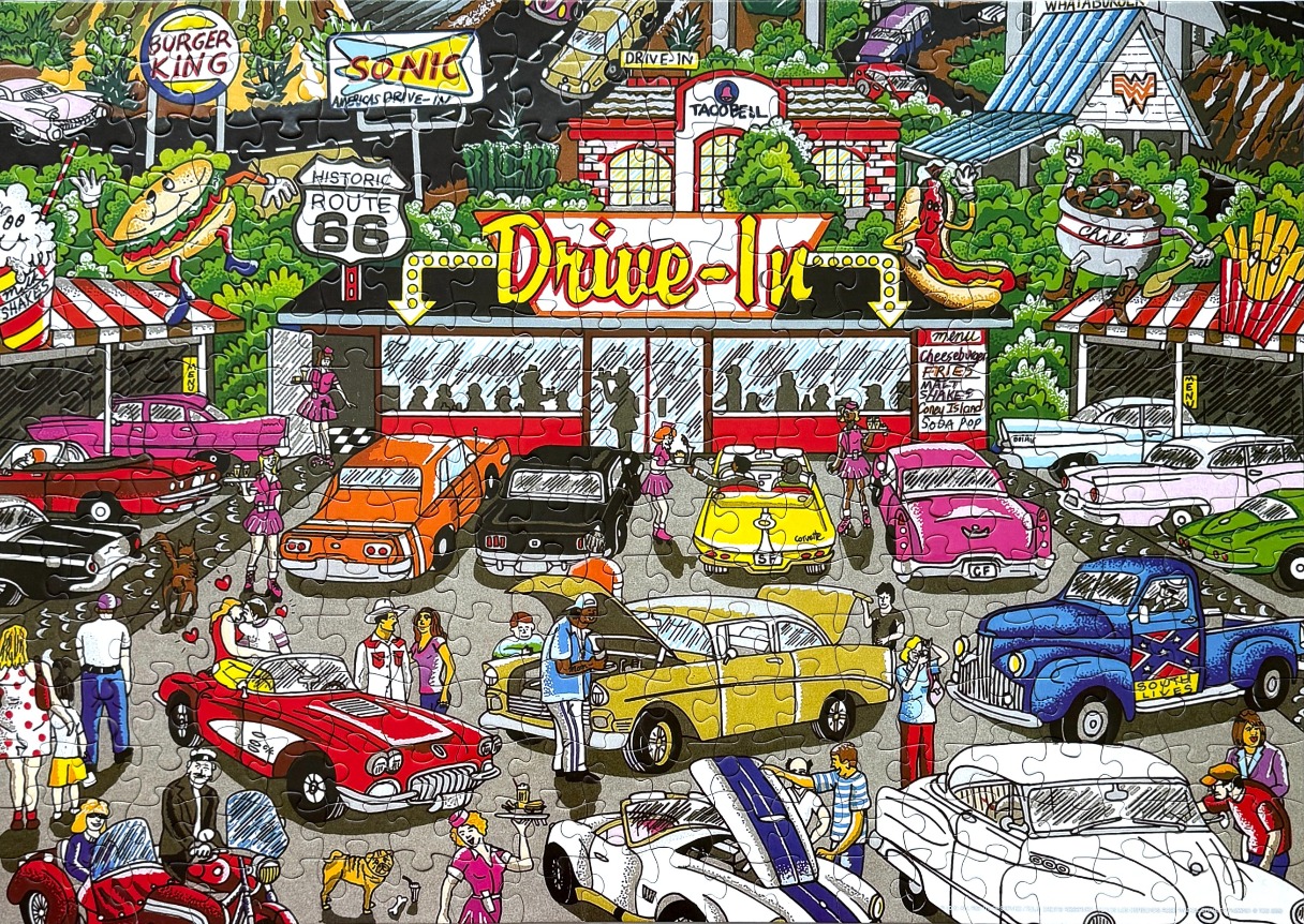 A cartoon illustration of a 1950s-style drive-in restaurant filled with classic vintage cars and patrons.