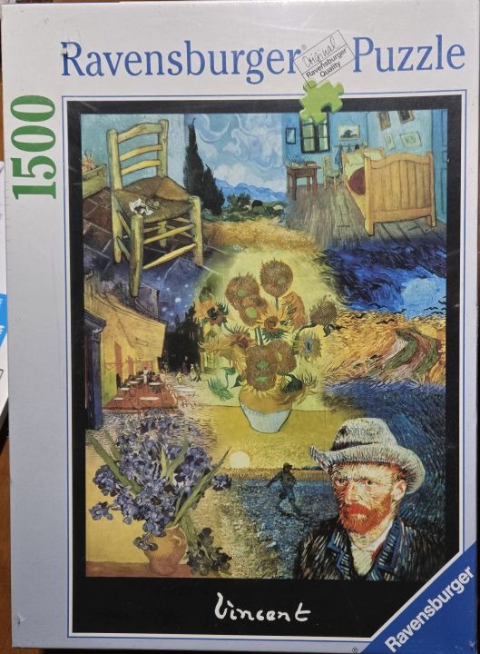A collage of several famous Vincent van Gogh paintings featuring sunflowers, a bedroom, irises, and a self-portrait.