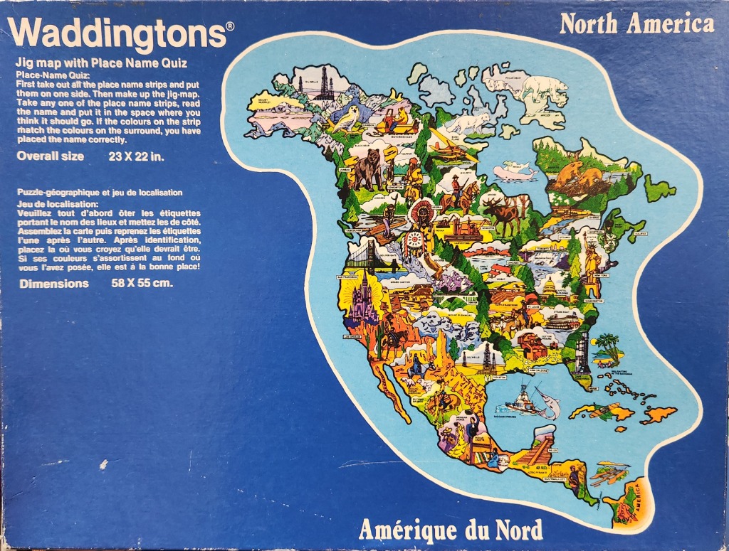 A vintage illustrated map of North America featuring various landmarks, animals, and cultural icons.