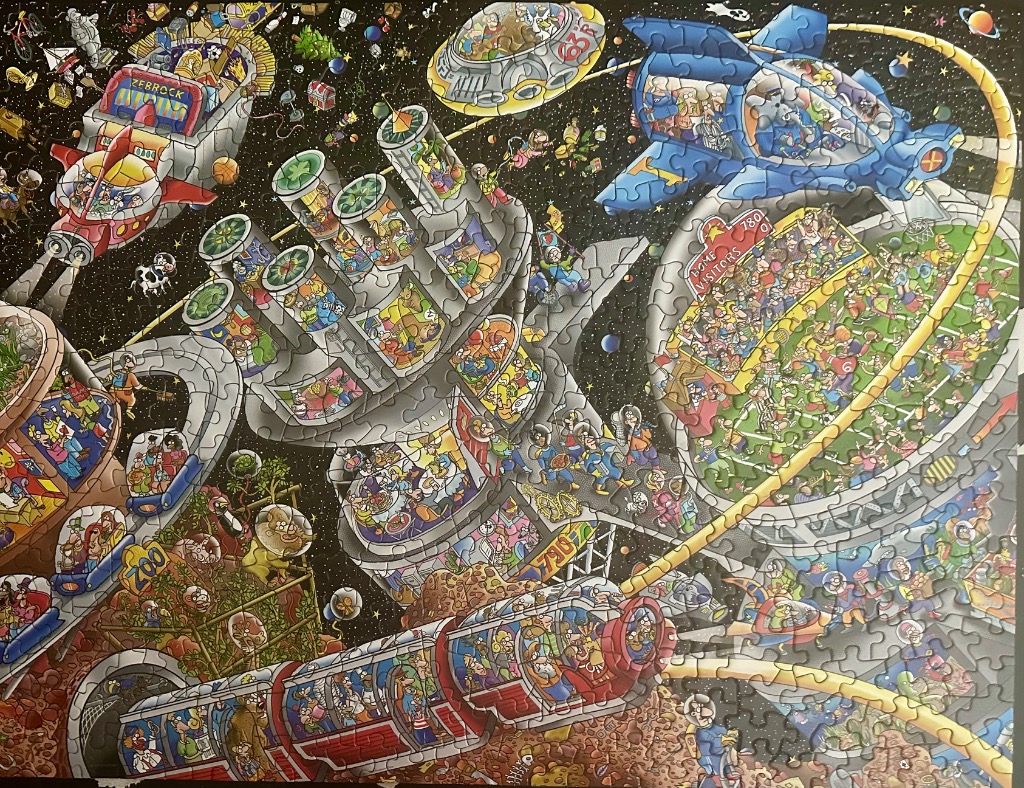 A chaotic, vibrant cartoon illustration of a busy space station filled with varied characters and activities.