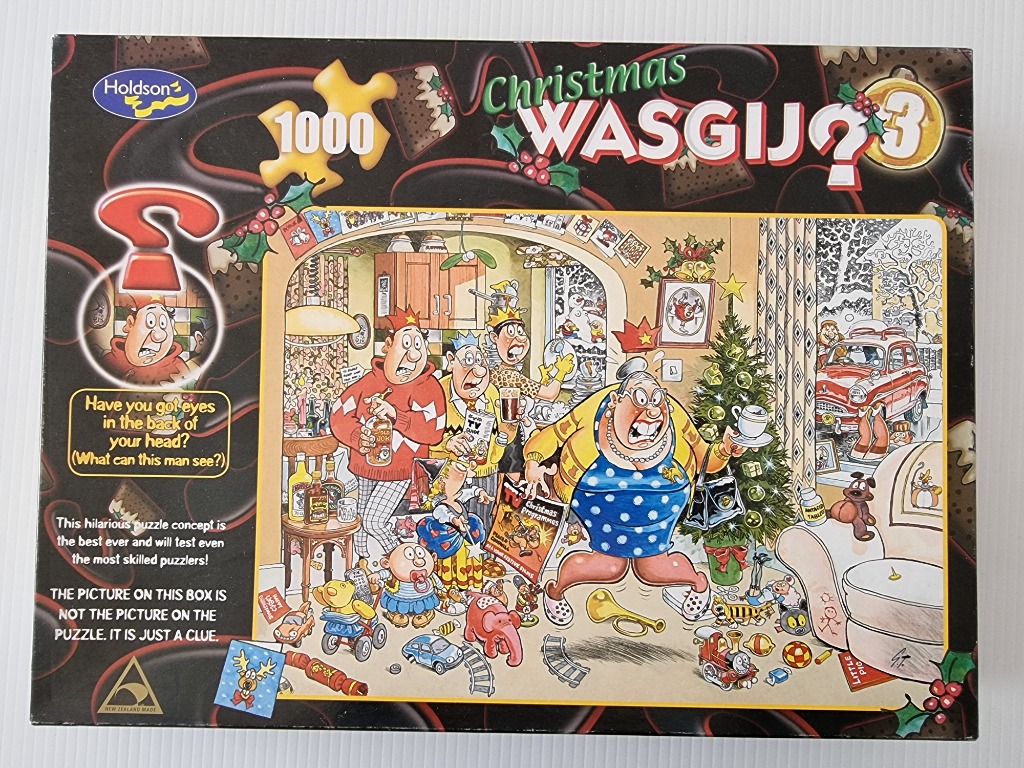 Cartoon illustration of a chaotic Christmas scene with a family in a living room.