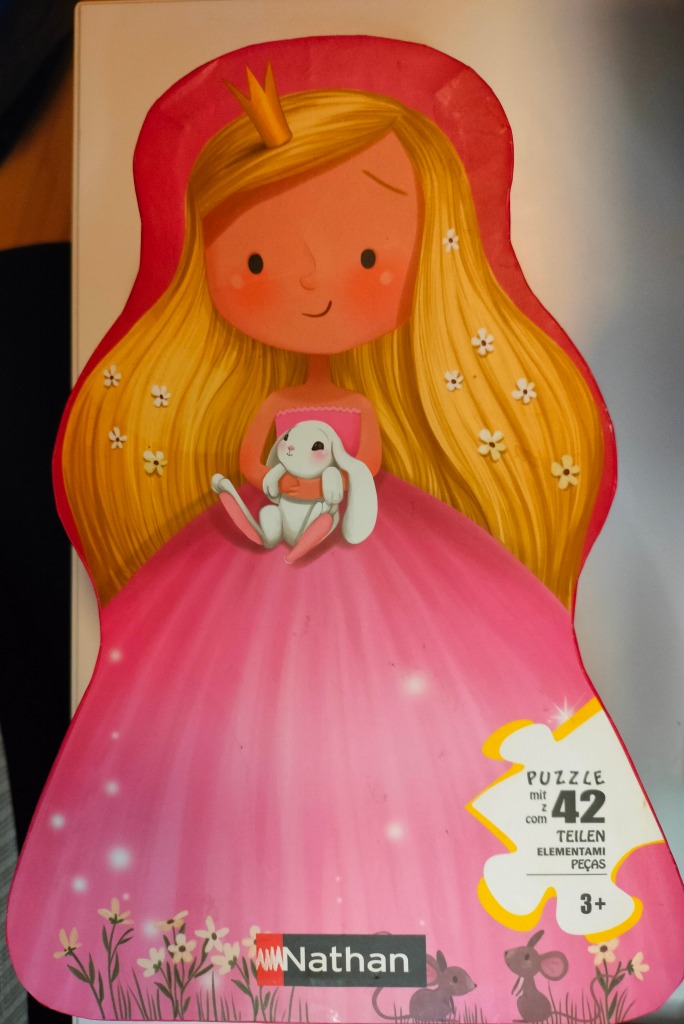A whimsical illustration of a blonde princess in a pink gown holding a small white rabbit.