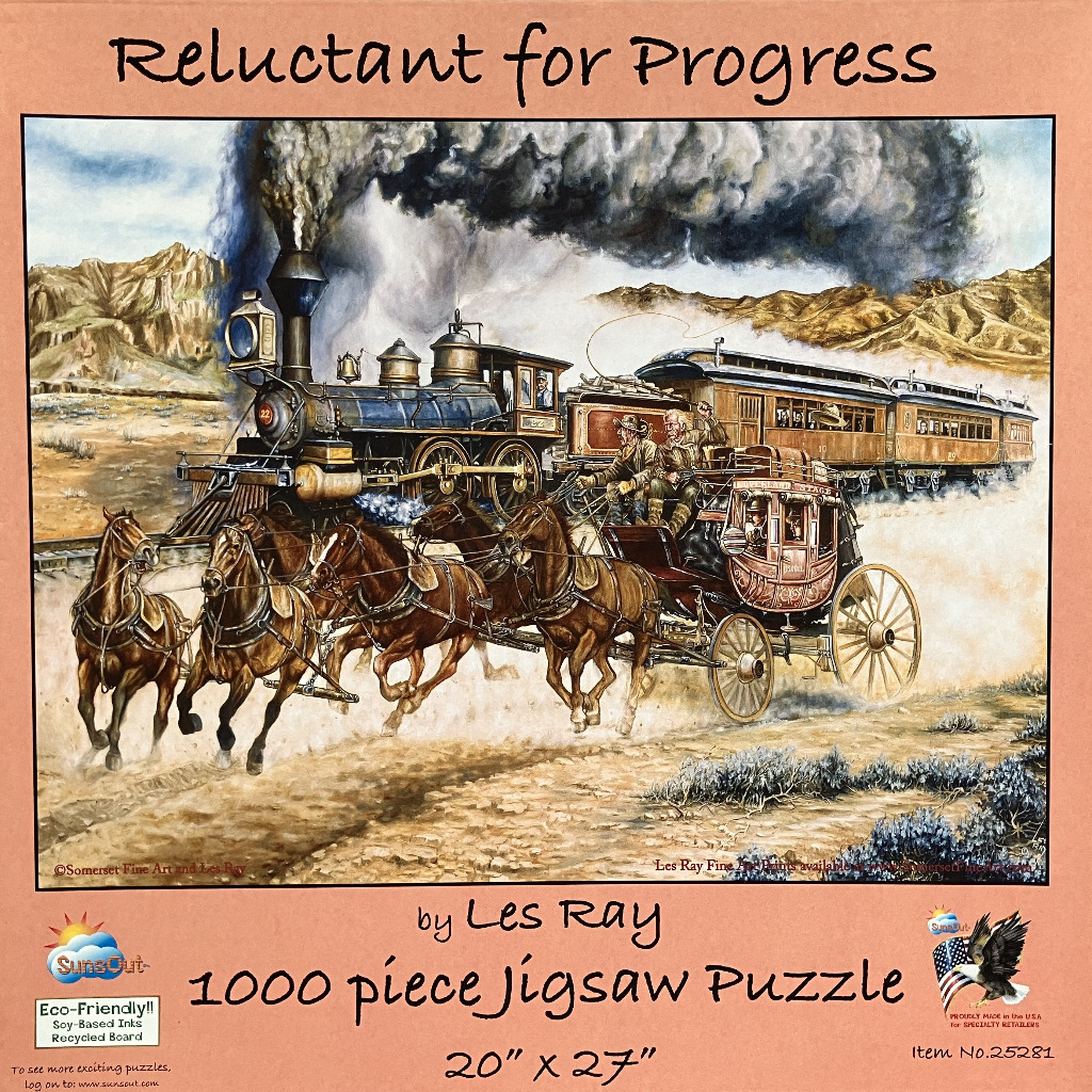A dramatic western-themed oil painting featuring a stagecoach racing against a steam locomotive in a desert landscape.