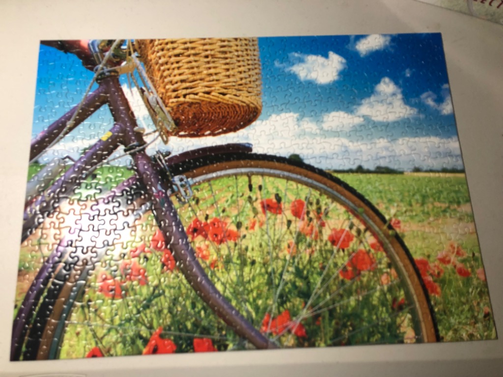 A close-up view of a bicycle with a wicker basket in a field of red poppies under a bright blue sky.