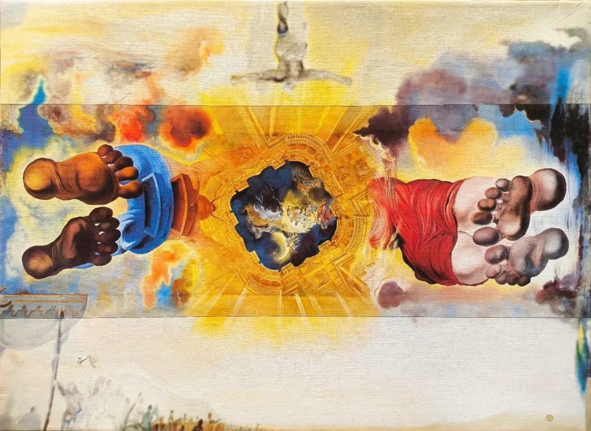 Surrealist painting featuring two sets of human feet framing a central, cosmic opening in a golden sky.