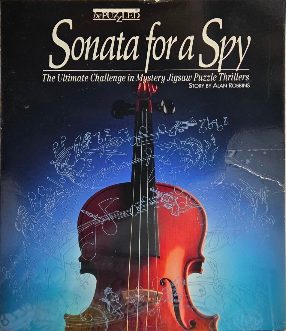 A violin centered against a dark blue background with superimposed line-art illustrations of spy-themed items and music.