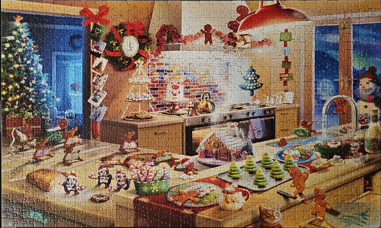 A whimsical Christmas kitchen scene with gingerbread characters and holiday decorations.