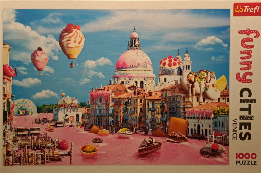 Surreal composite image of a pink Venice canal filled with desserts and cupcake hot air balloons.