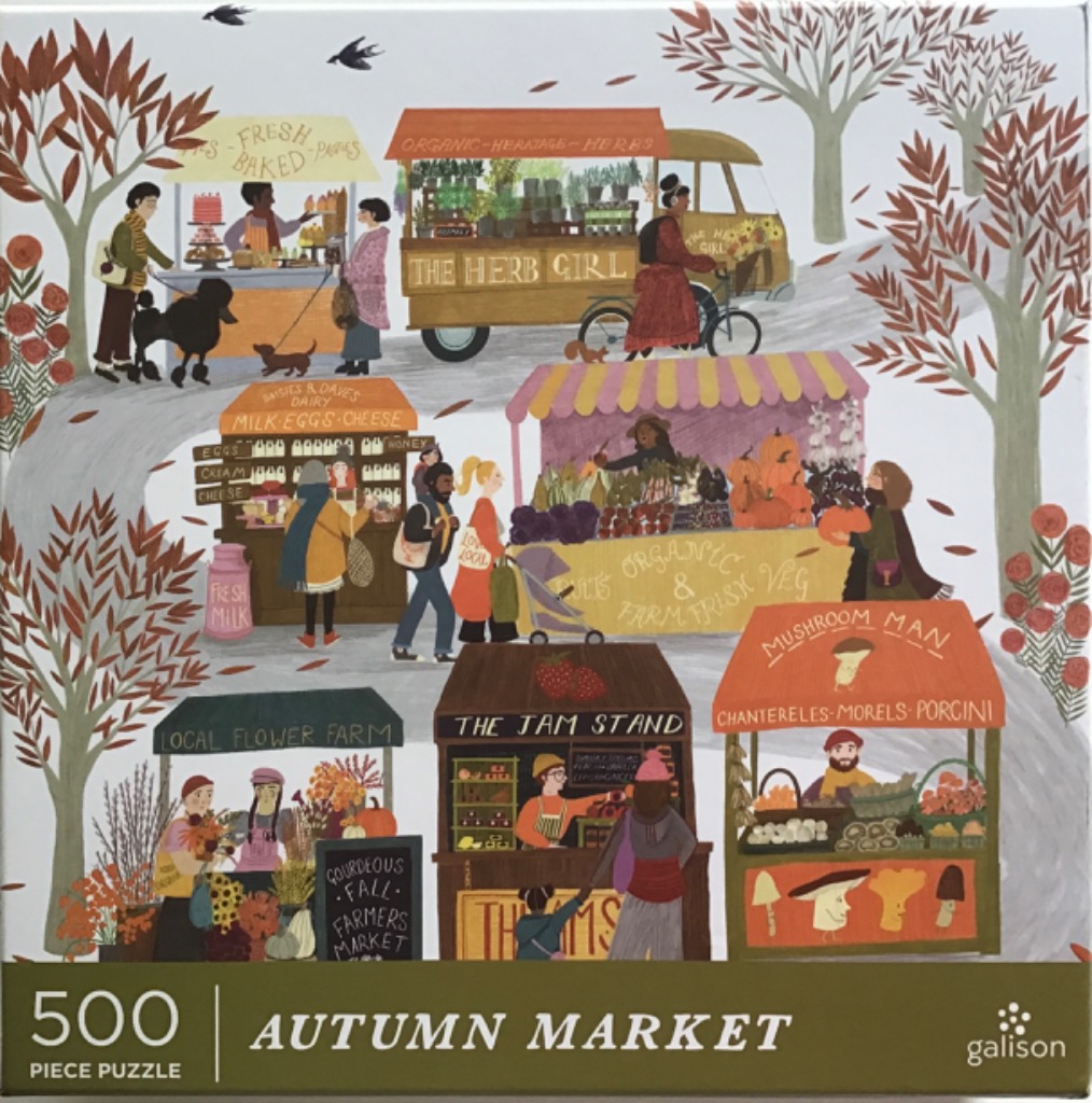 An illustration of an autumn farmers market with various stalls, trees, and shoppers.