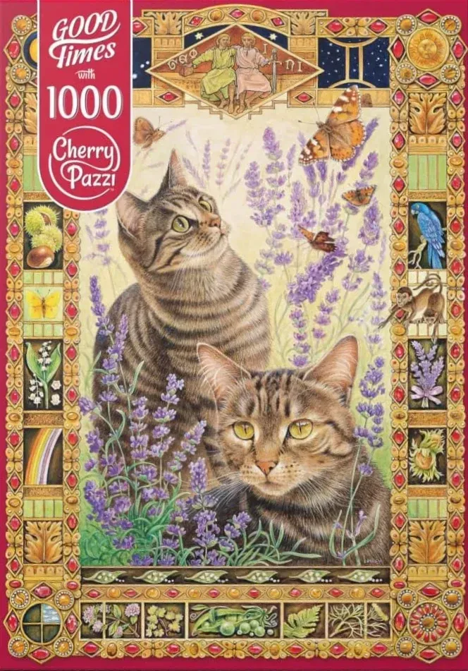 Two tabby cats in a field of lavender framed by an ornate decorative border