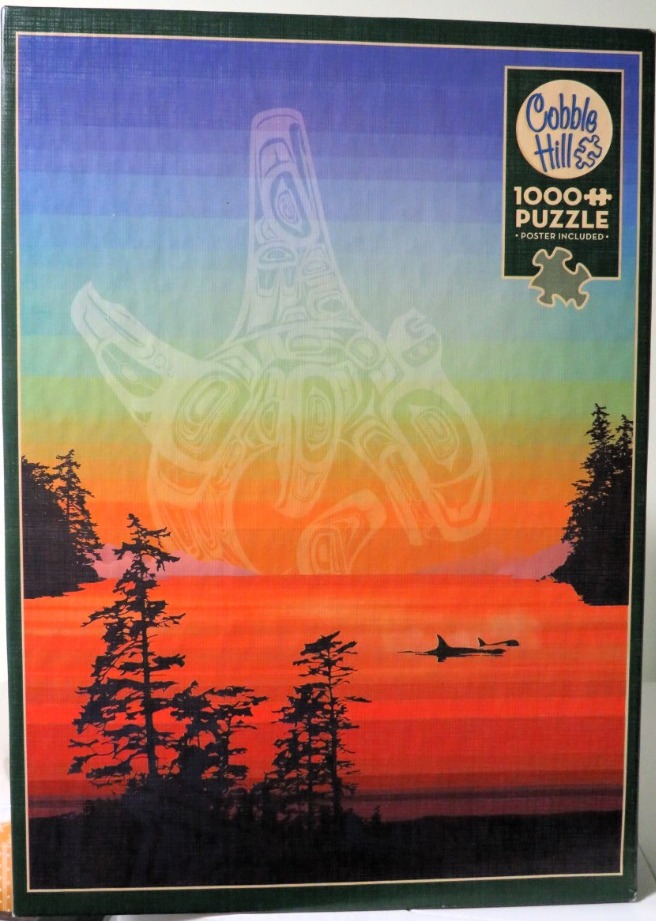 A digital illustration of a sunset over the ocean featuring a ghost-like Haida-style orca spirit and black evergreen silhouet