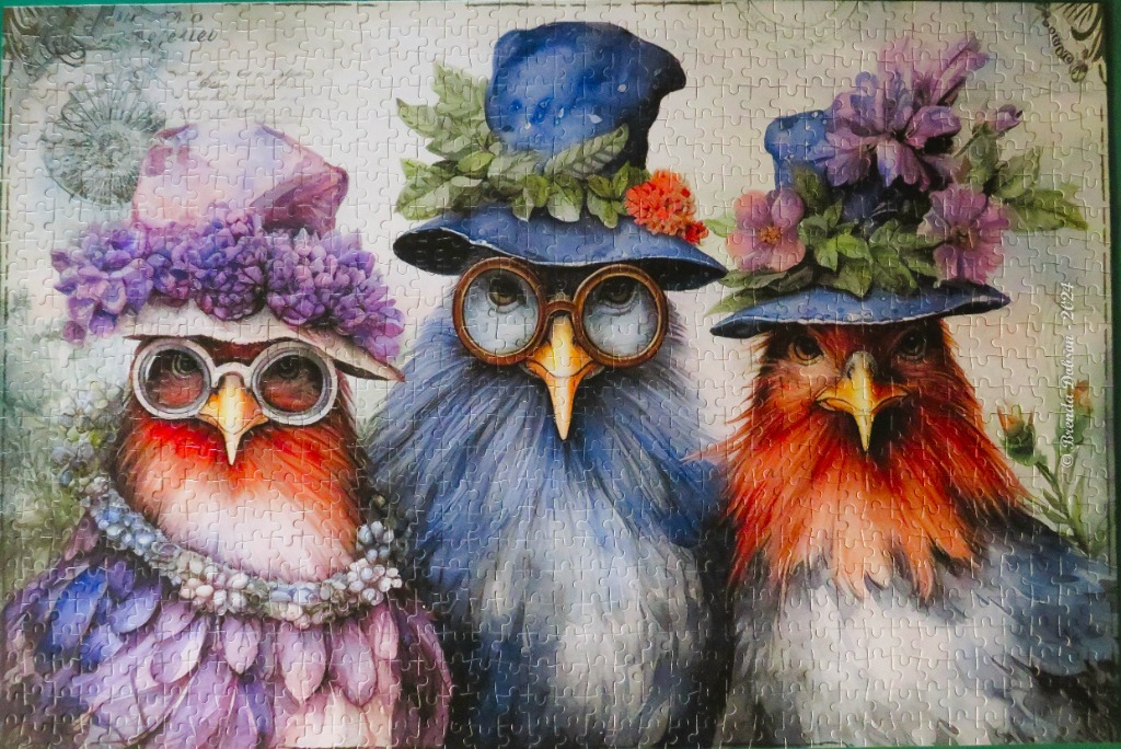 A painting of three eccentric birds wearing vintage hats, flowers, and glasses against a vintage background.