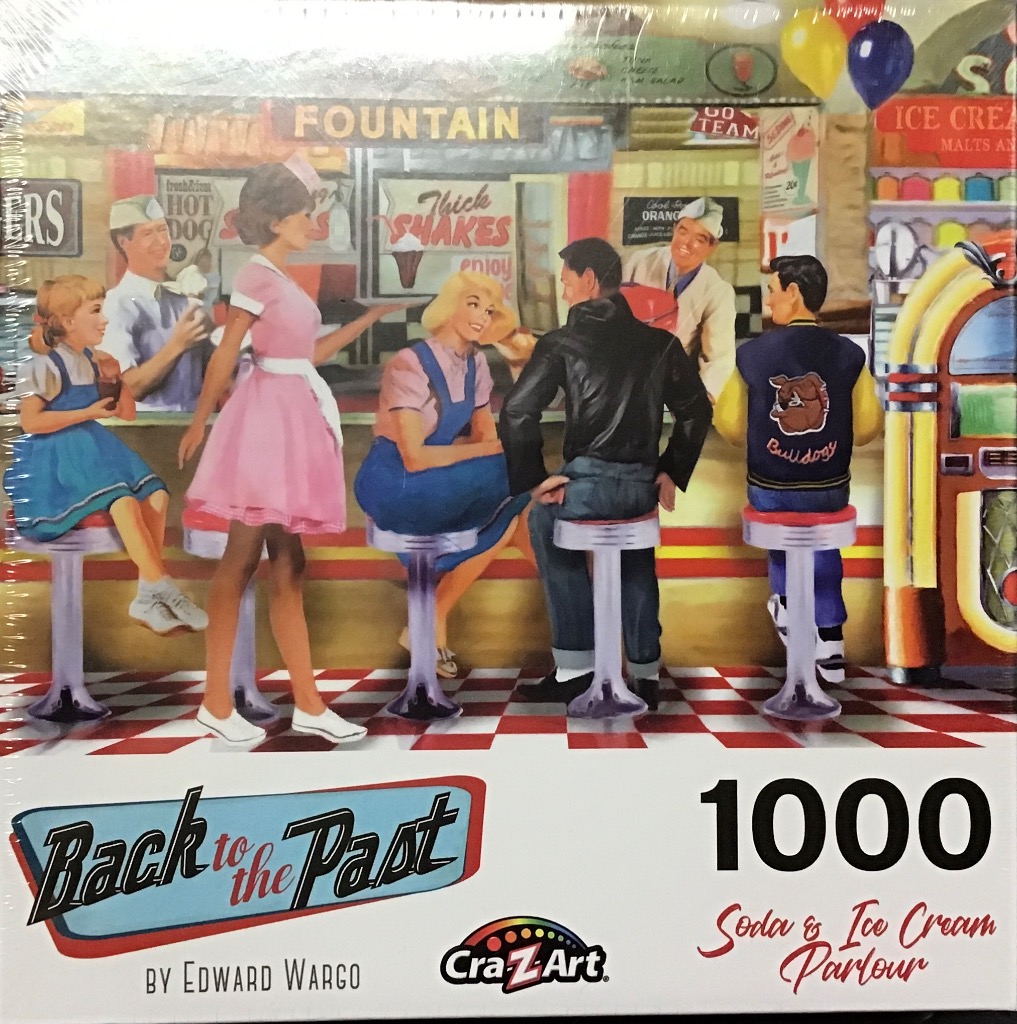 A nostalgic 1950s soda fountain scene with a waitress, customers, and a jukebox in an illustration.