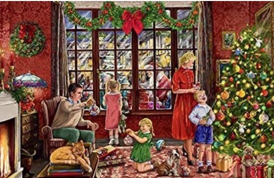 A family decorating for Christmas in a cozy, red-walled living room with a large window and tree.