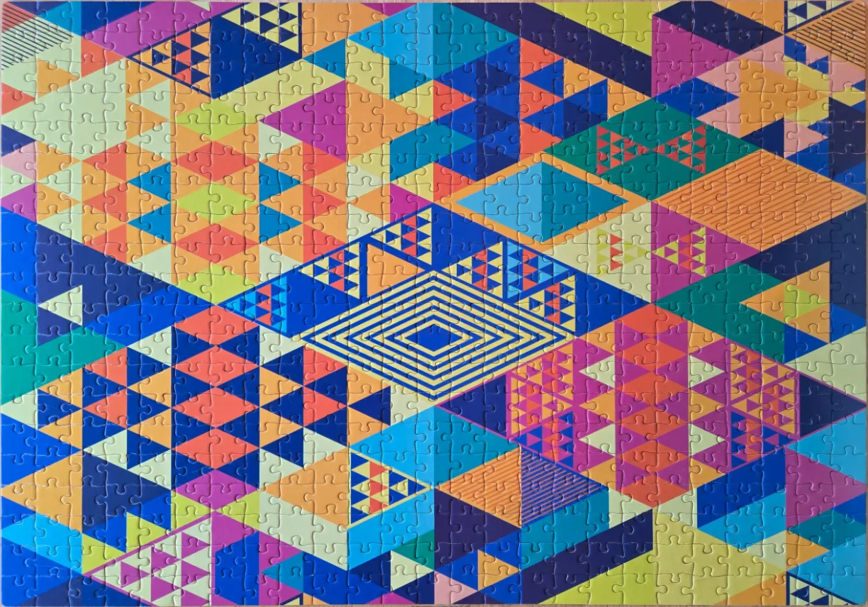 A geometric pattern of vibrant, interlocking triangles and diamonds in a kaleidoscopic array of colors.