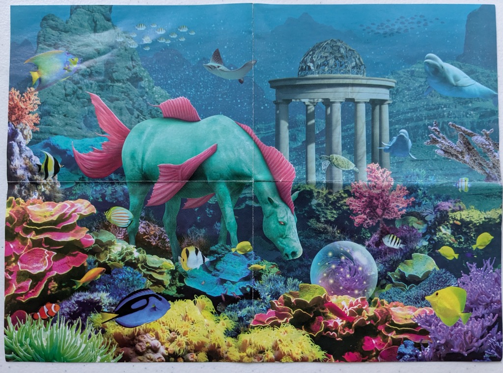 A surreal underwater scene featuring a turquoise seahorse-like creature grazing among vibrant coral reefs and ancient ruins.