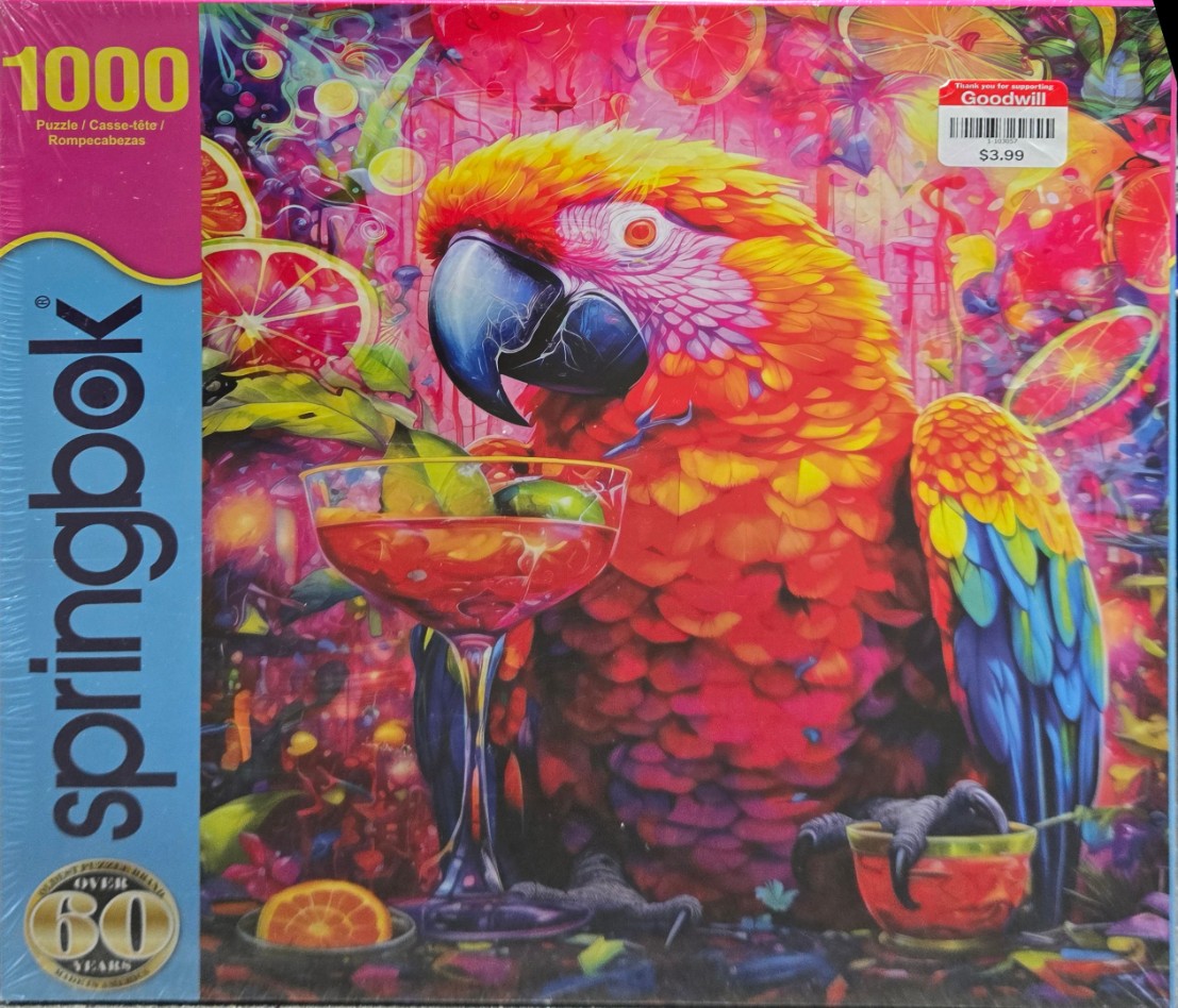 A vibrant, surreal digital painting of a macaw parrot with a tropical cocktail, surrounded by citrus fruits and neon colors.
