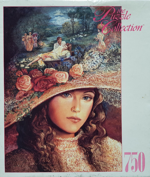 Oil painting portrait of a woman wearing a wide-brimmed straw hat adorned with colorful roses.