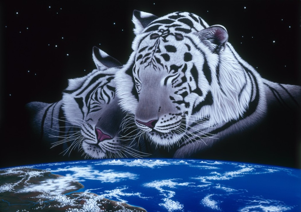 Two white tigers resting above the glowing blue Earth in space.