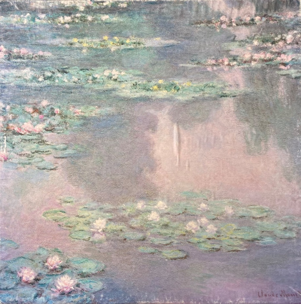 Impressionist painting of a pond surface with lily pads and blooming water lilies in soft pastel tones.