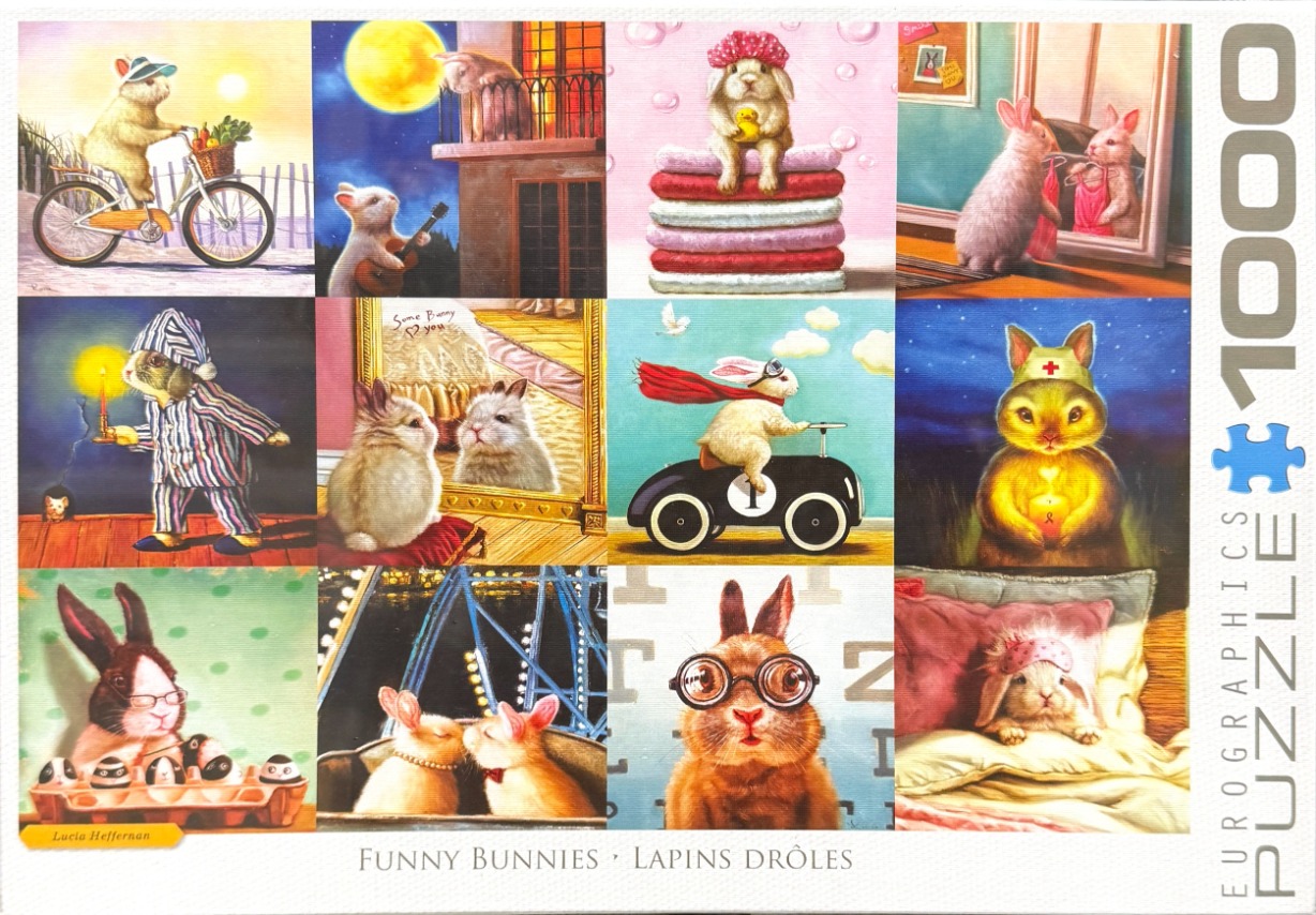 A collage of twelve whimsical paintings featuring anthropomorphic bunnies in various human-like scenarios.