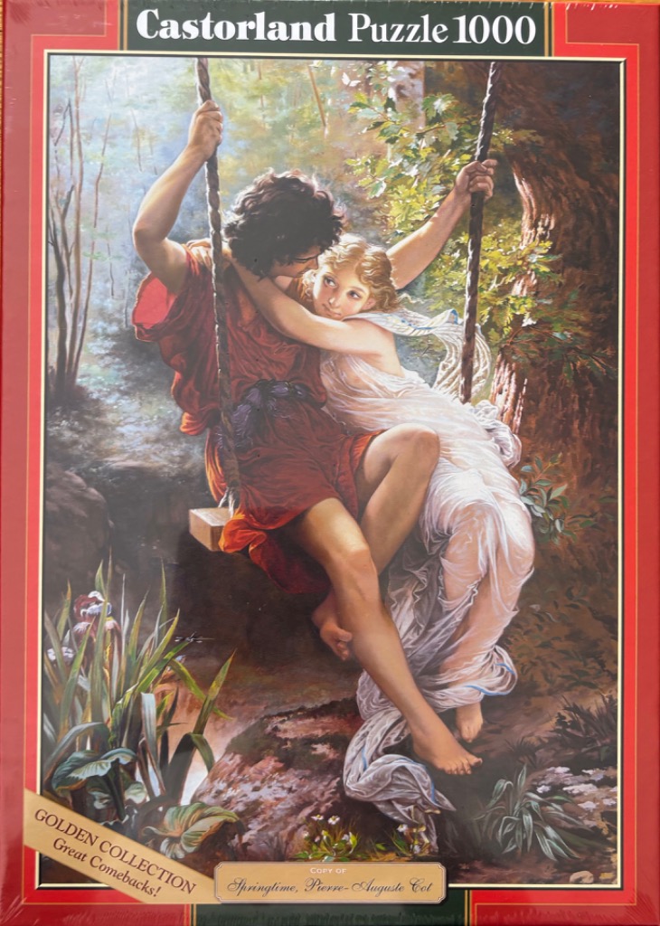A romantic oil painting of a young couple embracing on a wooden swing suspended from a large forest tree.