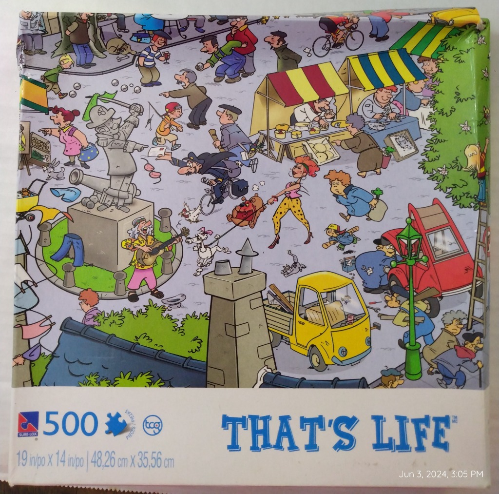 A busy cartoon street scene featuring a town square with people, street vendors, a statue, and a yellow truck.