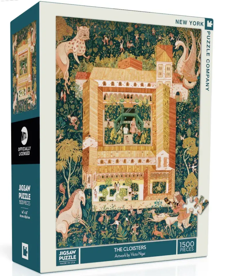 An intricate illustration of The Cloisters museum surrounded by mythical creatures and lush foliage.