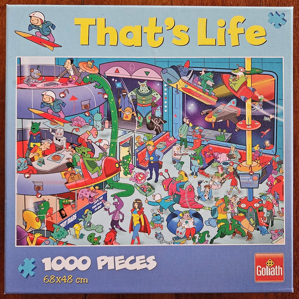 Busy cartoon illustration of a futuristic space station filled with aliens and humans in varied interactions.