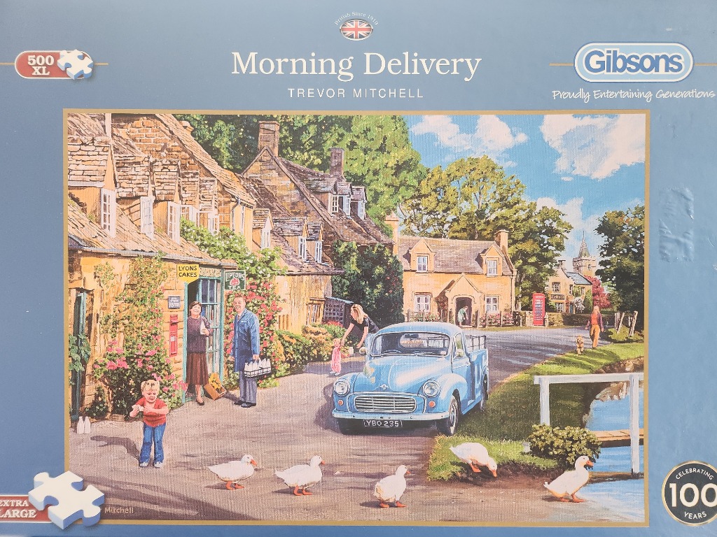 A nostalgic painting of a small English village scene featuring a vintage blue pickup truck, a stone shop, and geese.