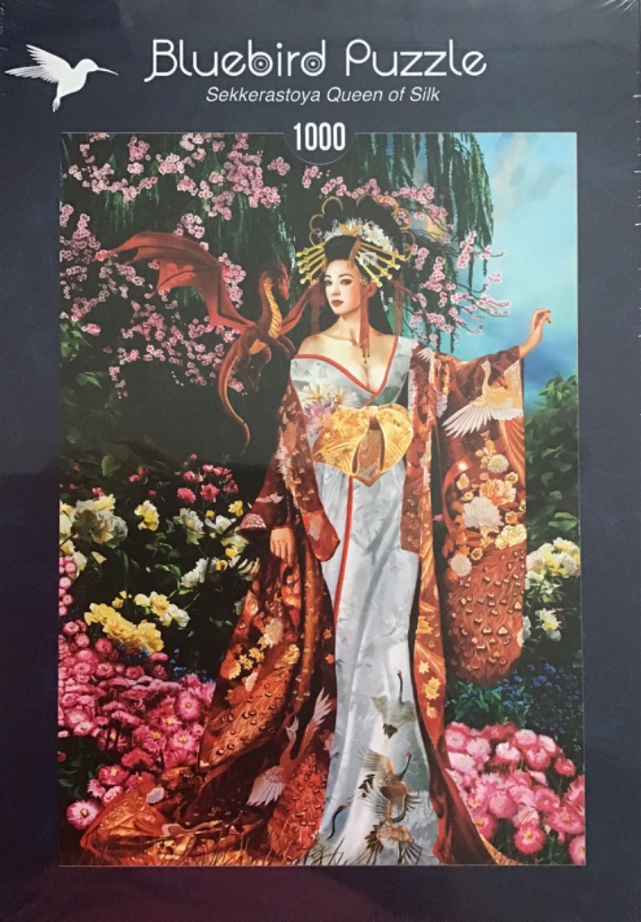 A fantasy illustration of an elegant woman in a kimono standing in a floral garden with a small dragon.