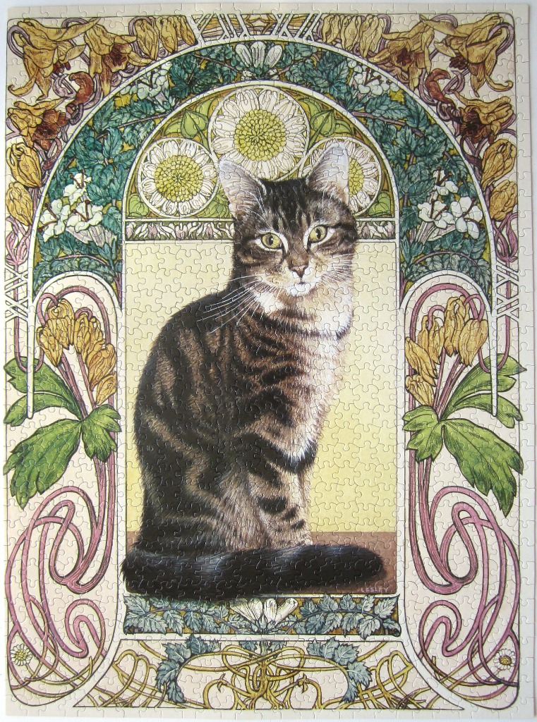Art Nouveau style portrait of a brown tabby cat surrounded by flowers and botanical patterns.
