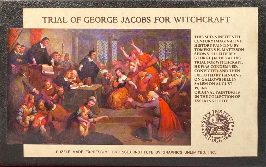 19th-century oil painting depicting the dramatic courtroom trial of George Jacobs for witchcraft in 1692.