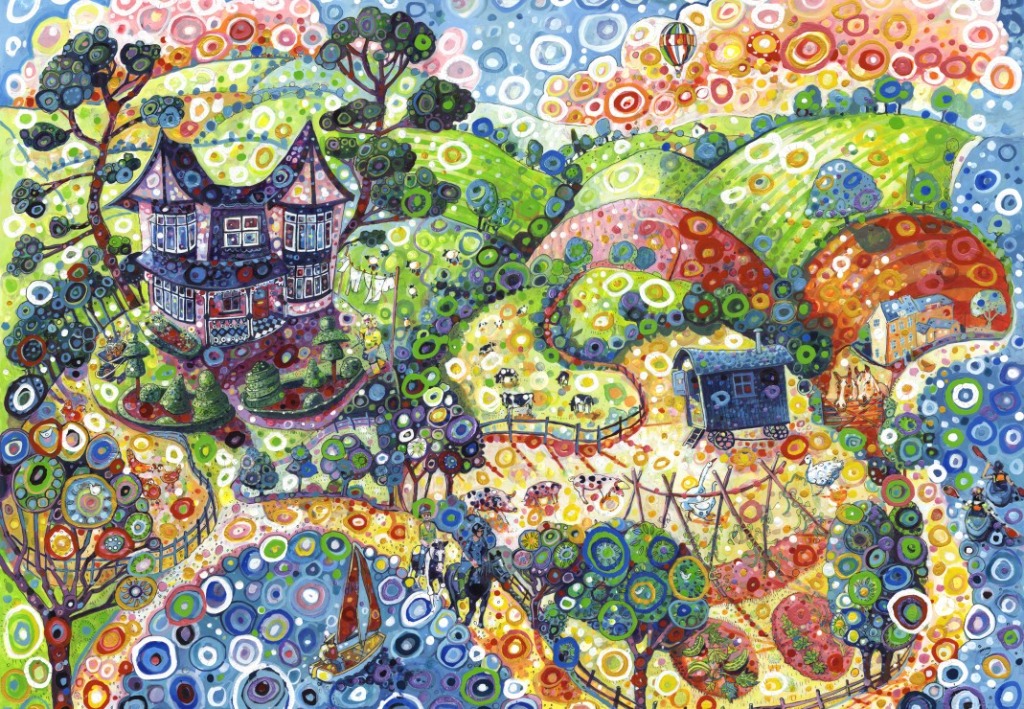 Whimsical, stylized countryside landscape with a Victorian house, livestock, and colorful circular patterns.