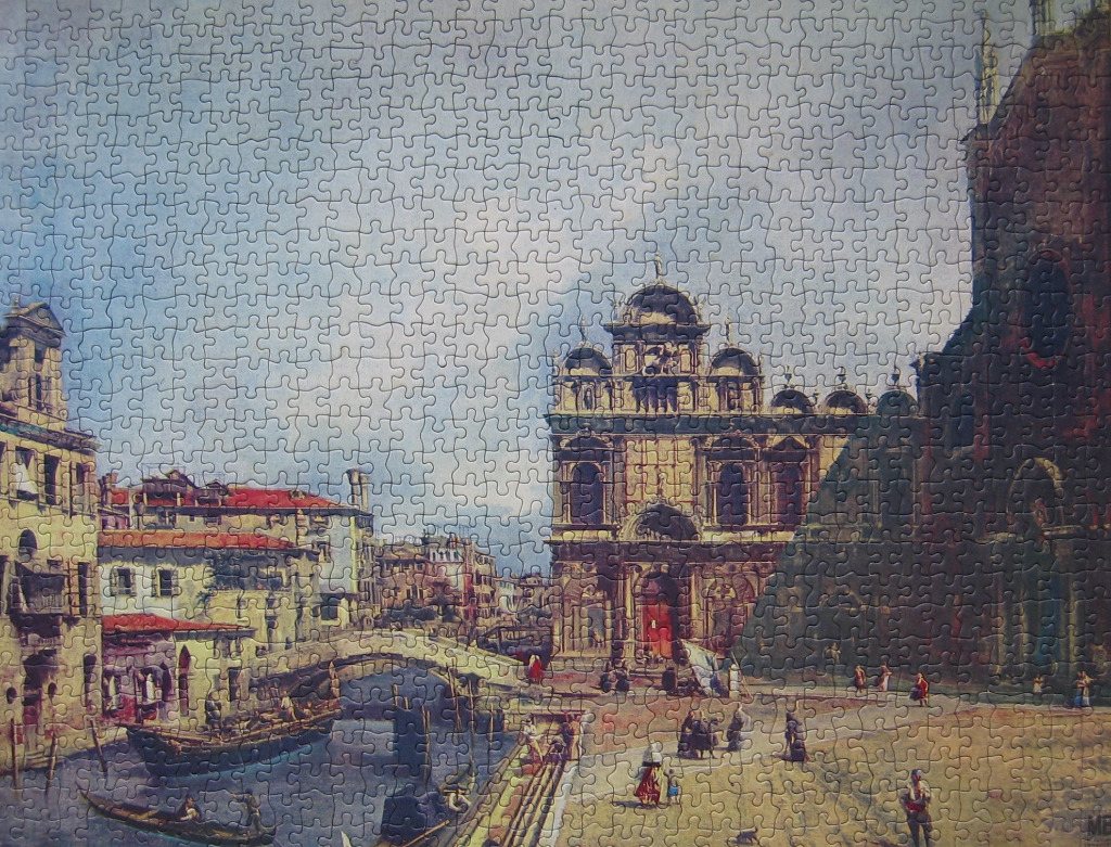 An oil painting of a Venetian canal scene with a stone church and a bridge.