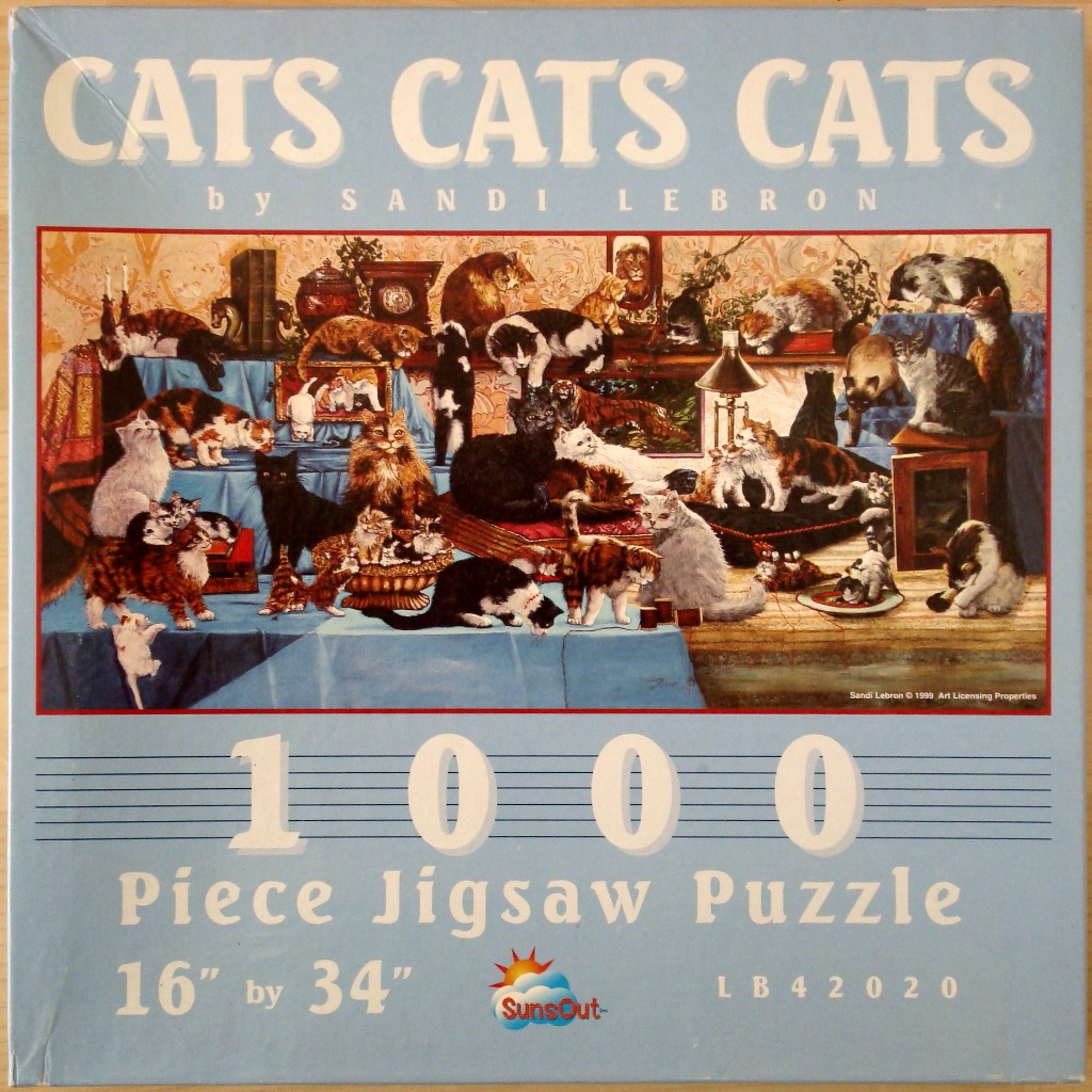 An illustration featuring dozens of cats in various colors and breeds lounging in a cluttered, vintage-style study.
