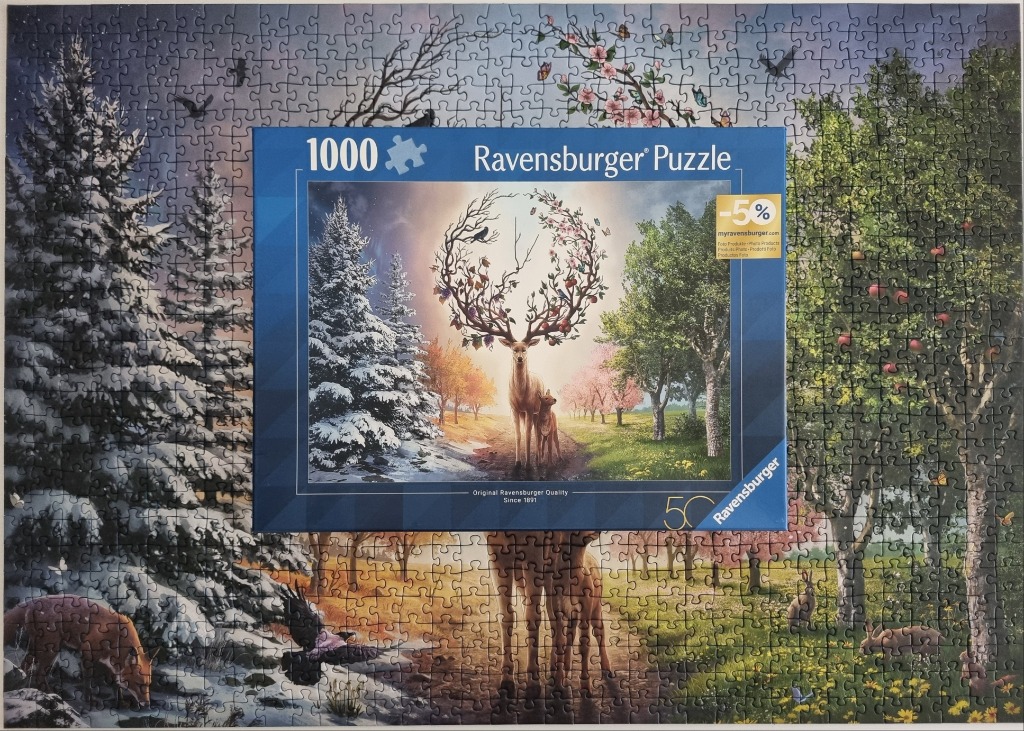 A seasonal transformation scene featuring a deer with grand antlers composed of branches representing four seasons.