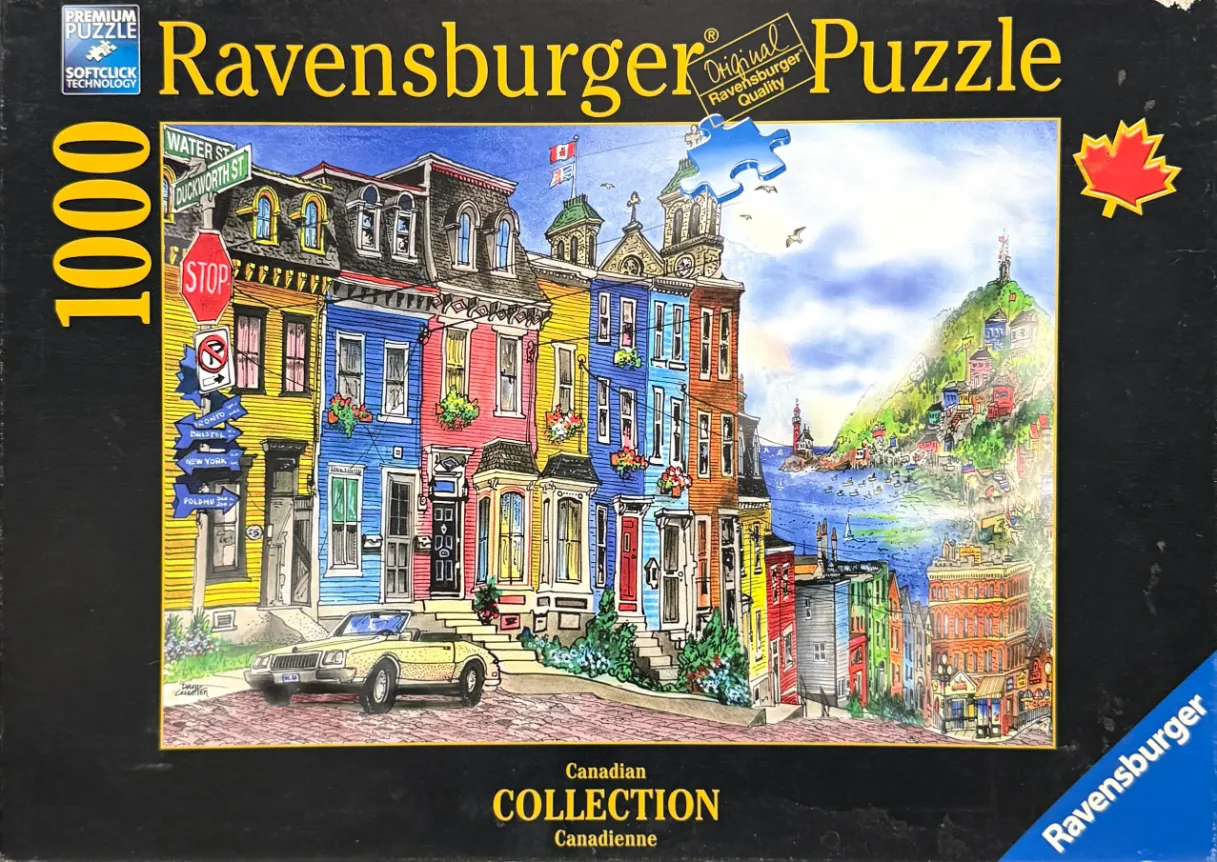 An illustration of colourful, historic row houses on a steep street in St. John