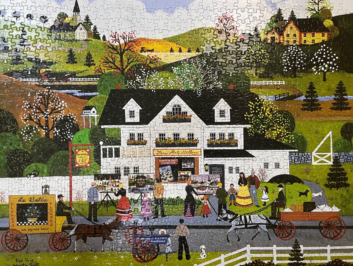 Folk art scene of an art gallery, horse-drawn carriages, and people in a lush countryside setting.