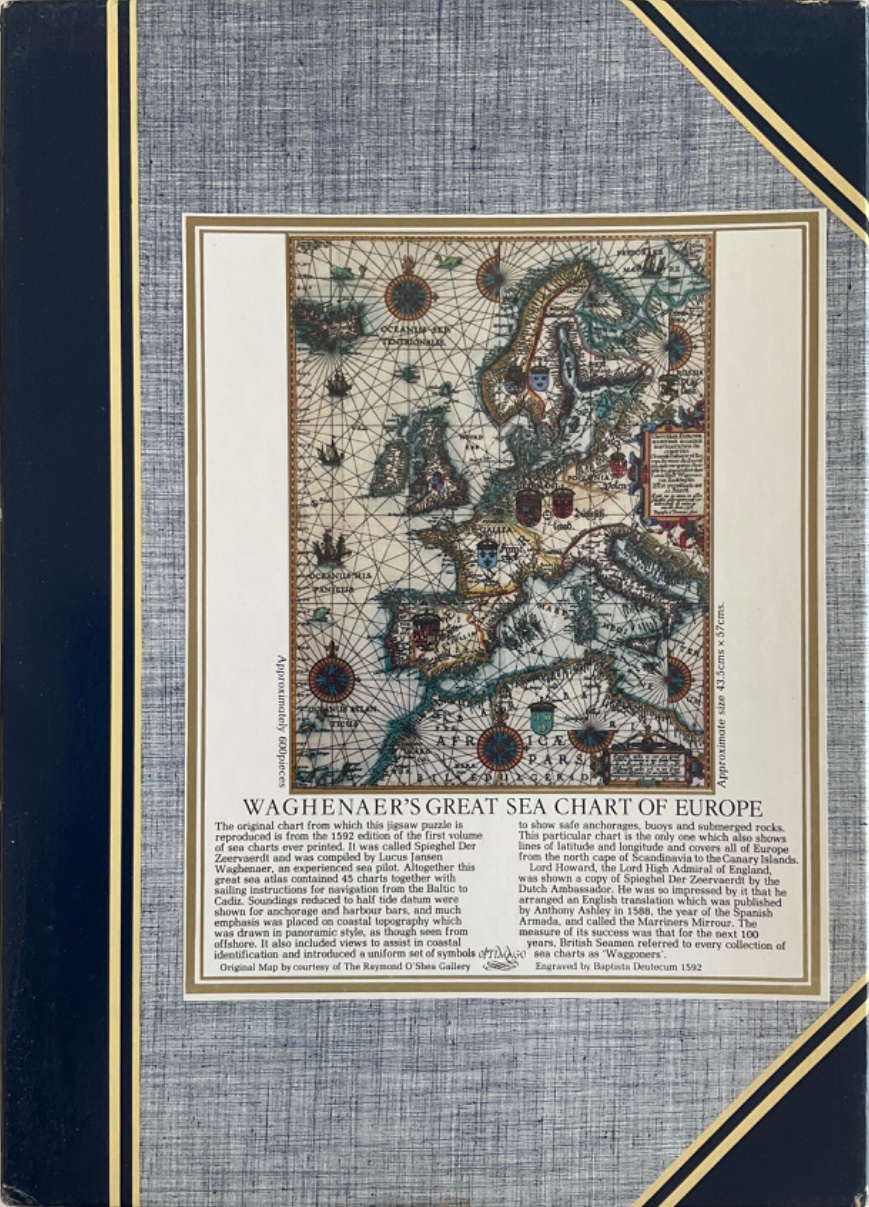 A vintage-style 16th-century sea chart of Europe showing coastlines, compass roses, and historical cartographic details.